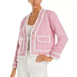 AQUA Women Tweed Blazer Jacket Pink Small Button Fringe Trim Metallic Business